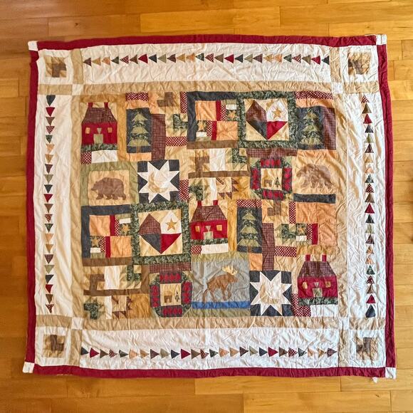 Handmade Patchwork Quilt 84x90 Rustic Cabin Motif Bears Moose Stars Trees - Picture 1 of 6